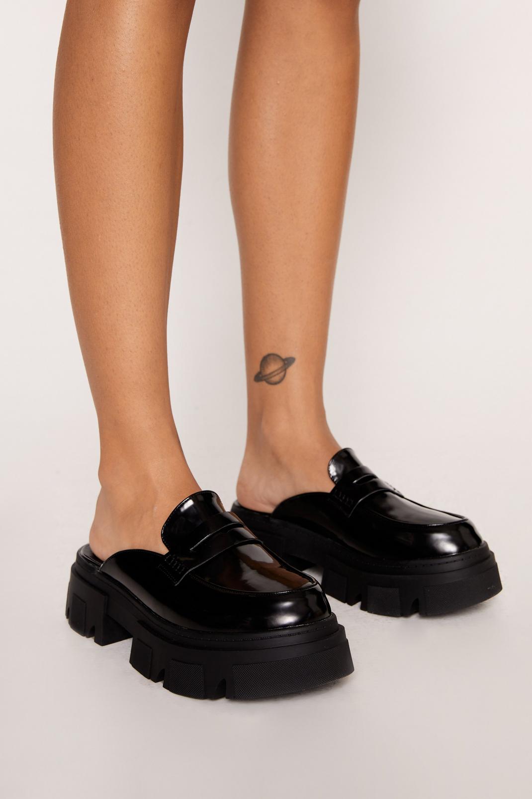 Black Faux Leather Backless Chunky Loafers image number 1