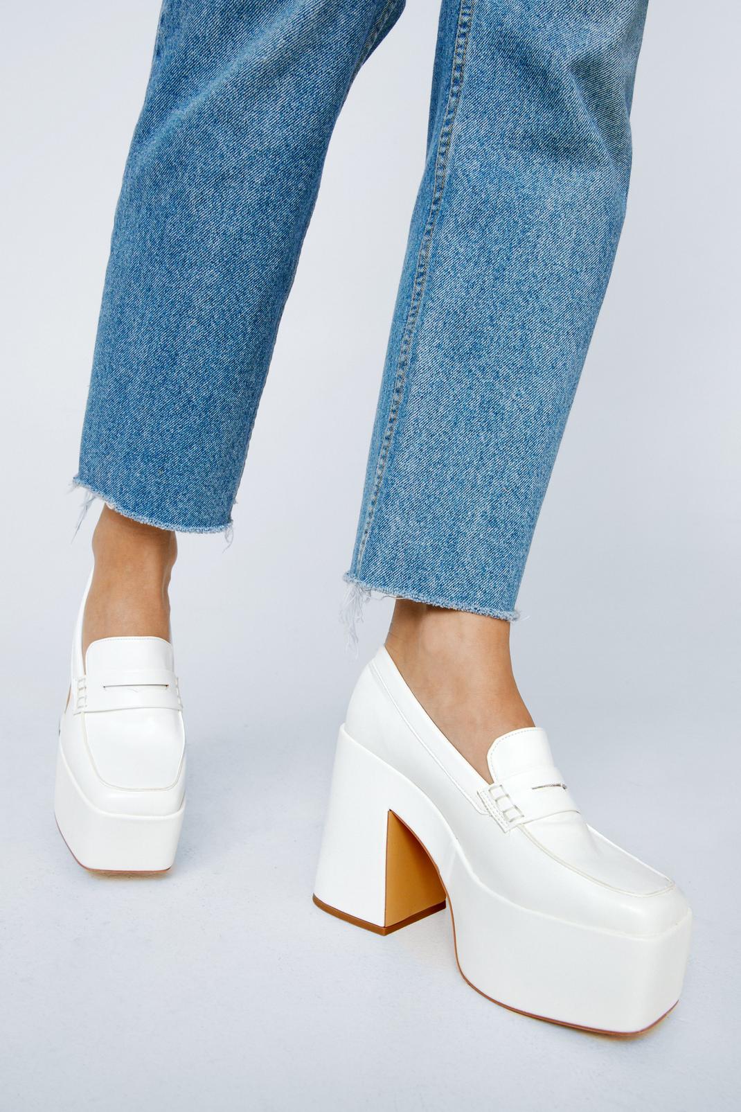 White Faux Leather Pearlised Heeled Platform Loafers image number 1