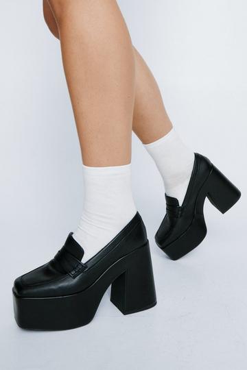 Black Faux Leather Heeled Loafers