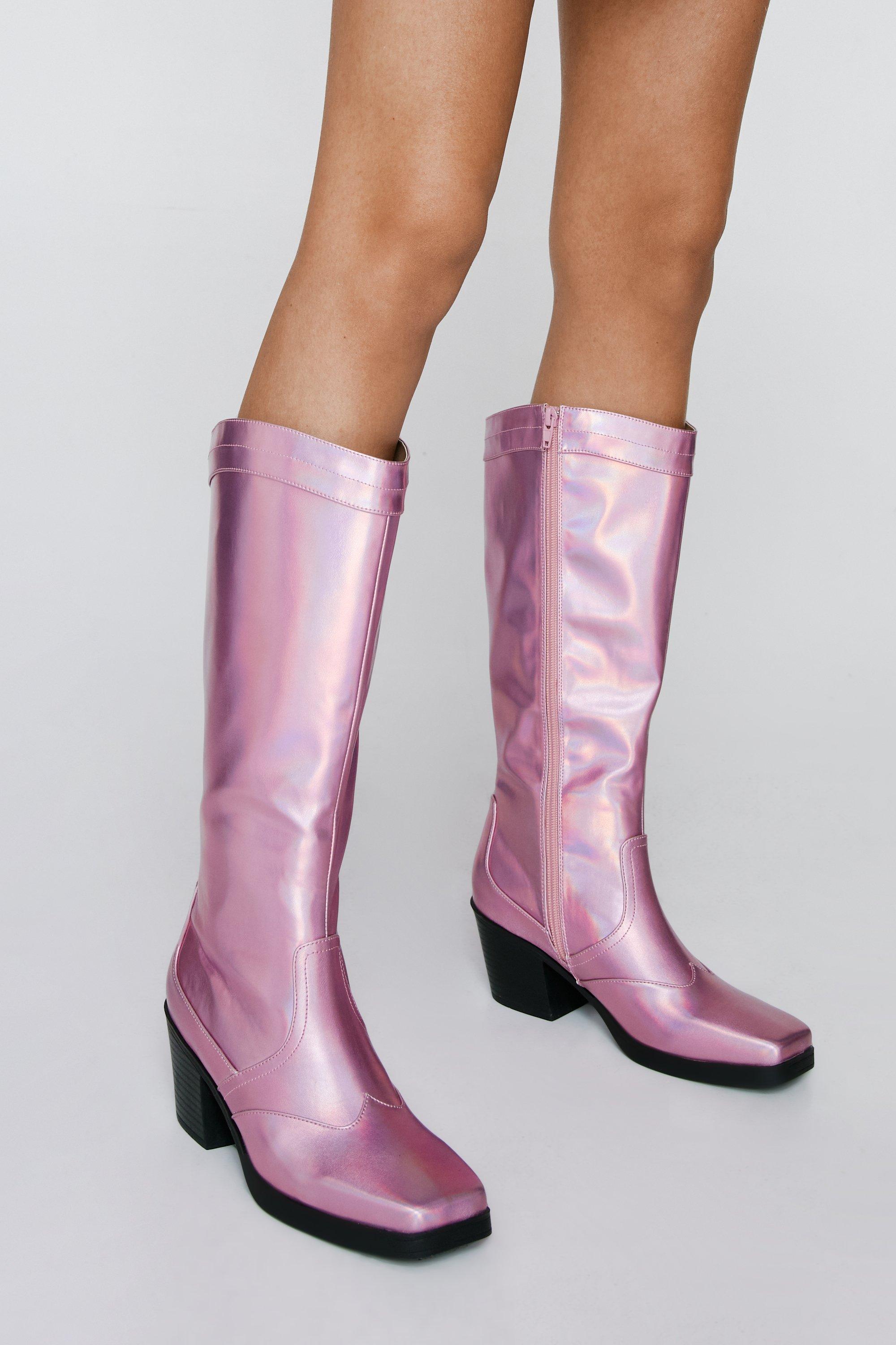 Metallic Square Toe Knee High Cowboy Boots