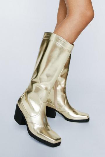 Gold Metallic Faux Leather Metallic Square Toe Western Knee High Boot