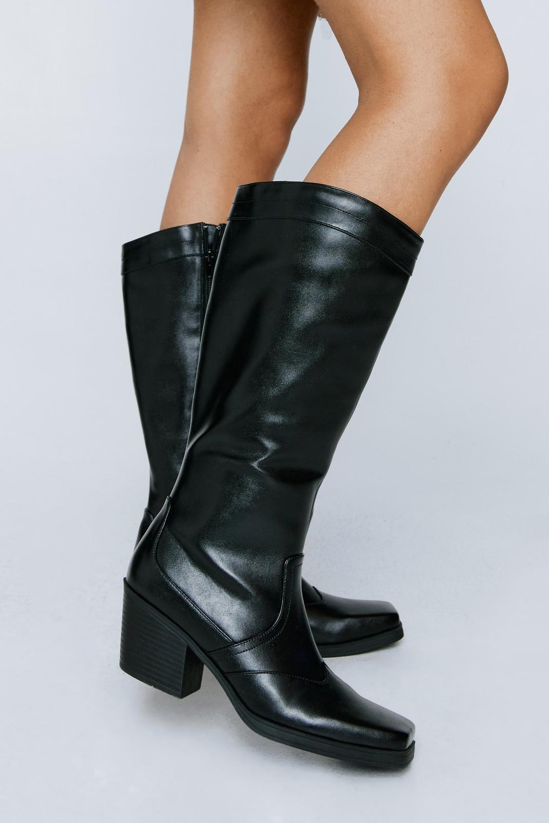 Black Faux Leather Square Toe Western Knee High Boots image number 1