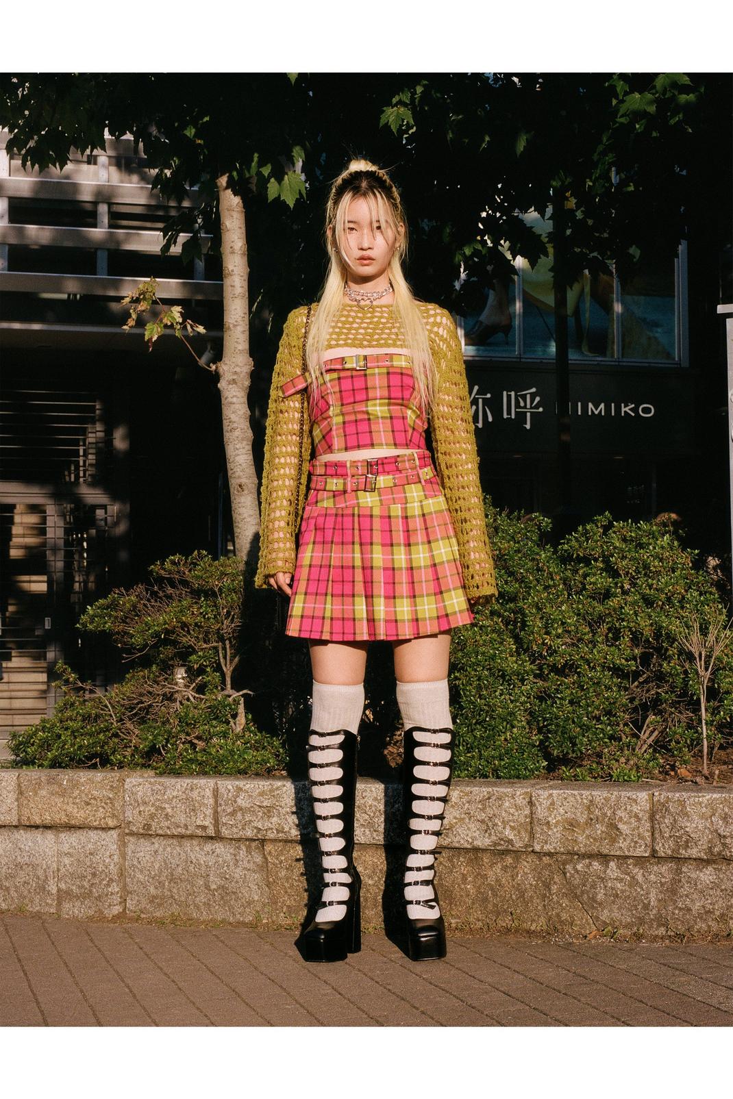 Pink Check Belted Pleated Mini Skirt image number 1