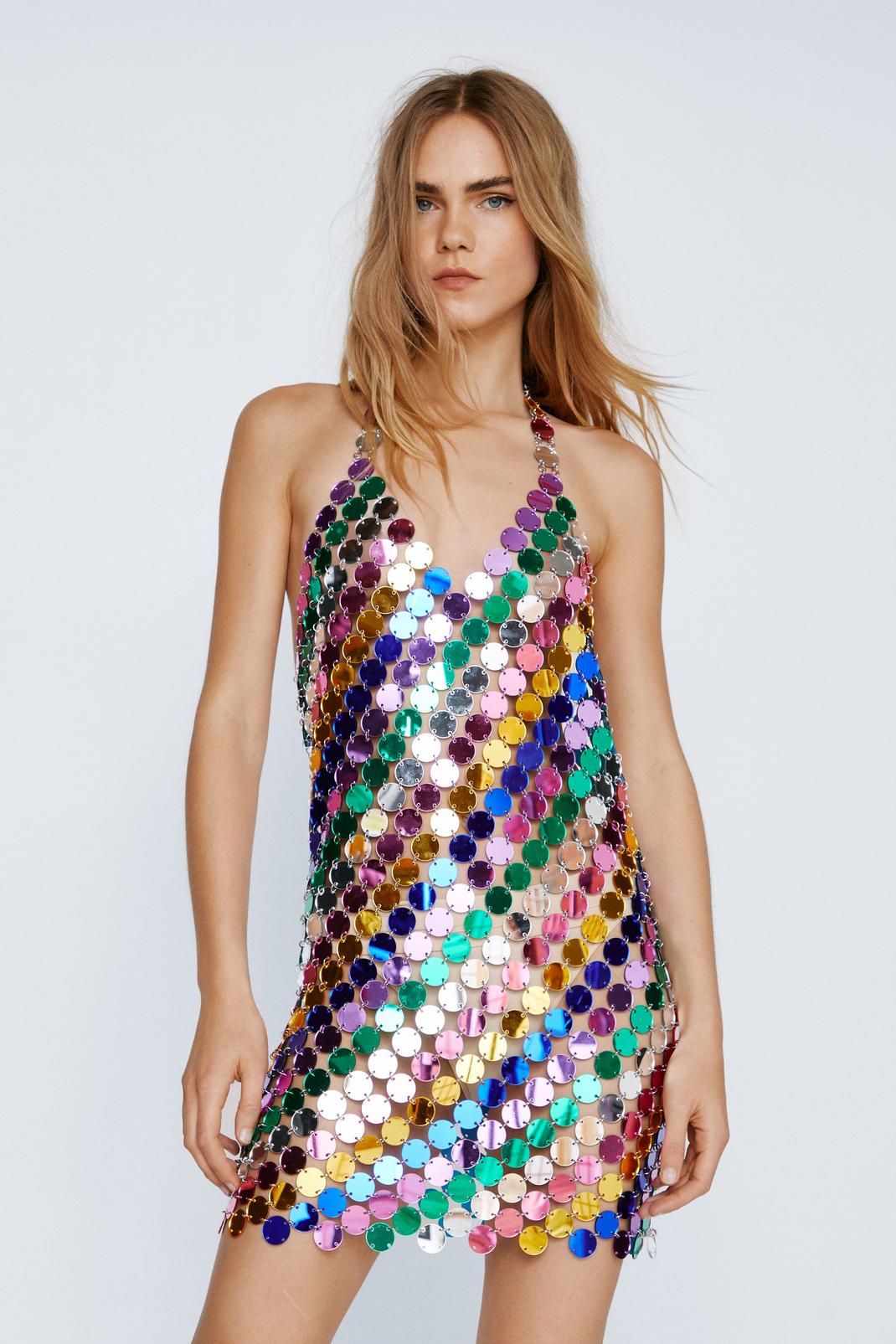 Purple Multi Colored Disc Chainmail Mini Dress image number 1