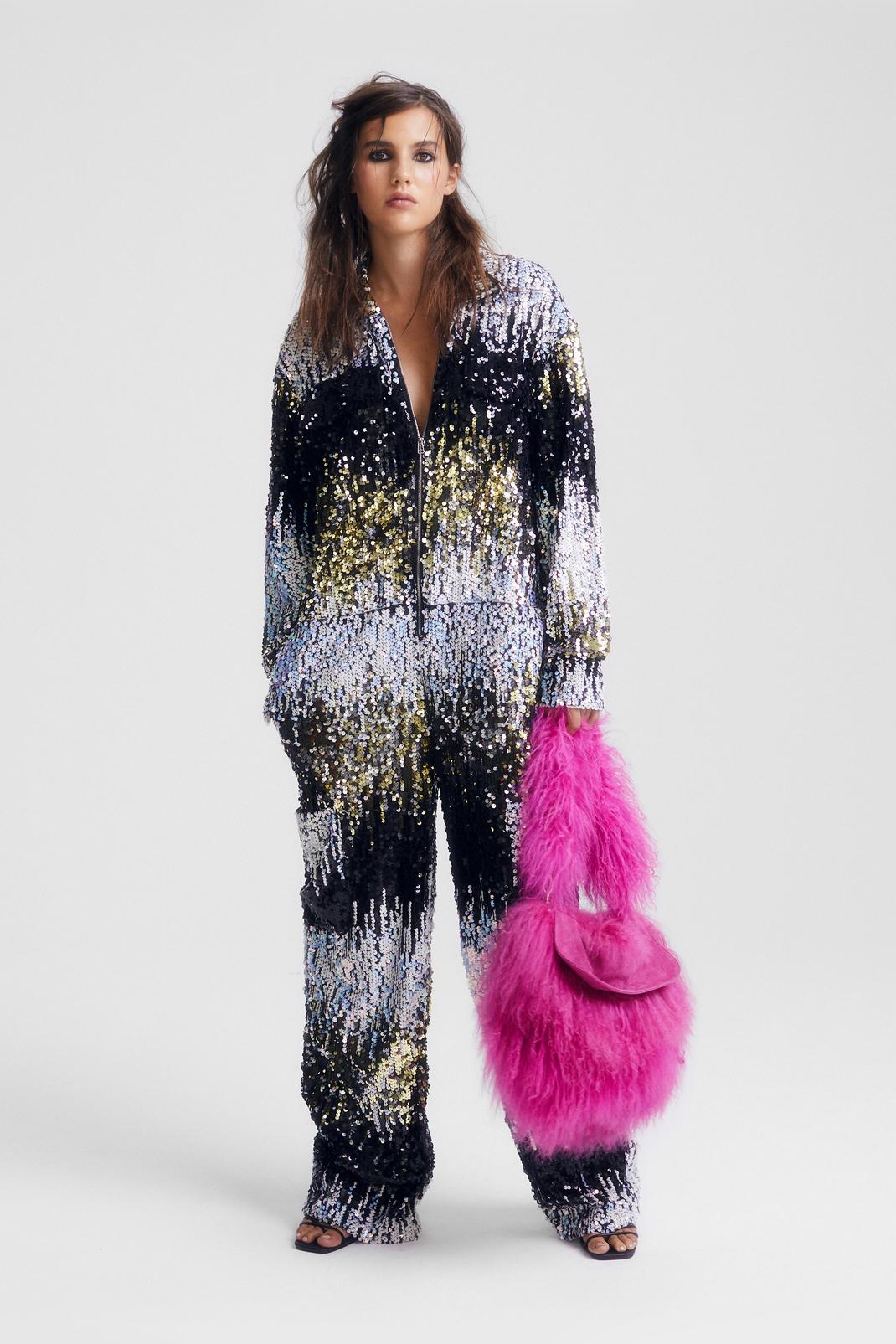 Black Ombre Sequin Relaxed Boilersuit image number 1