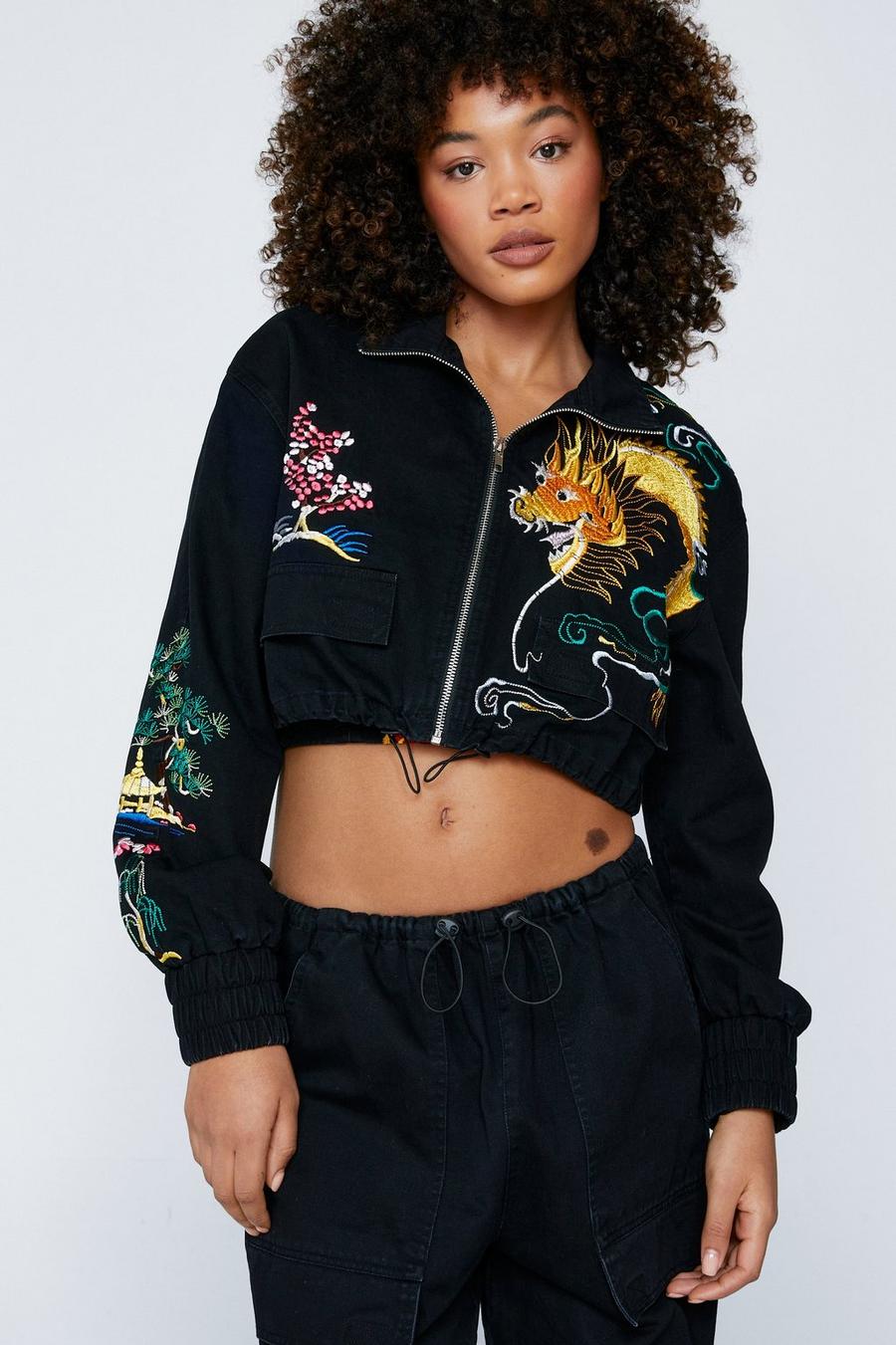 Embroidered Dragon Brushed Twill Crop Jacket
