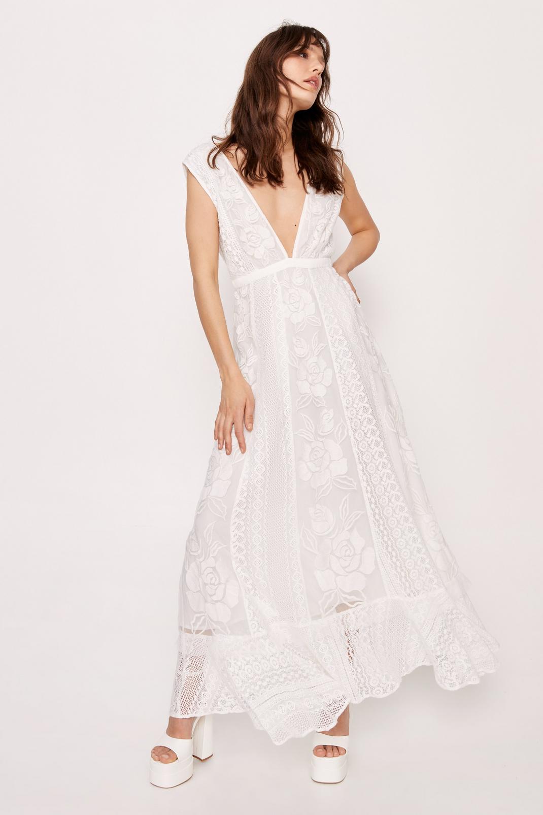 Ivory Bridal Embroidery Lace Plunge Maxi Dress image number 1