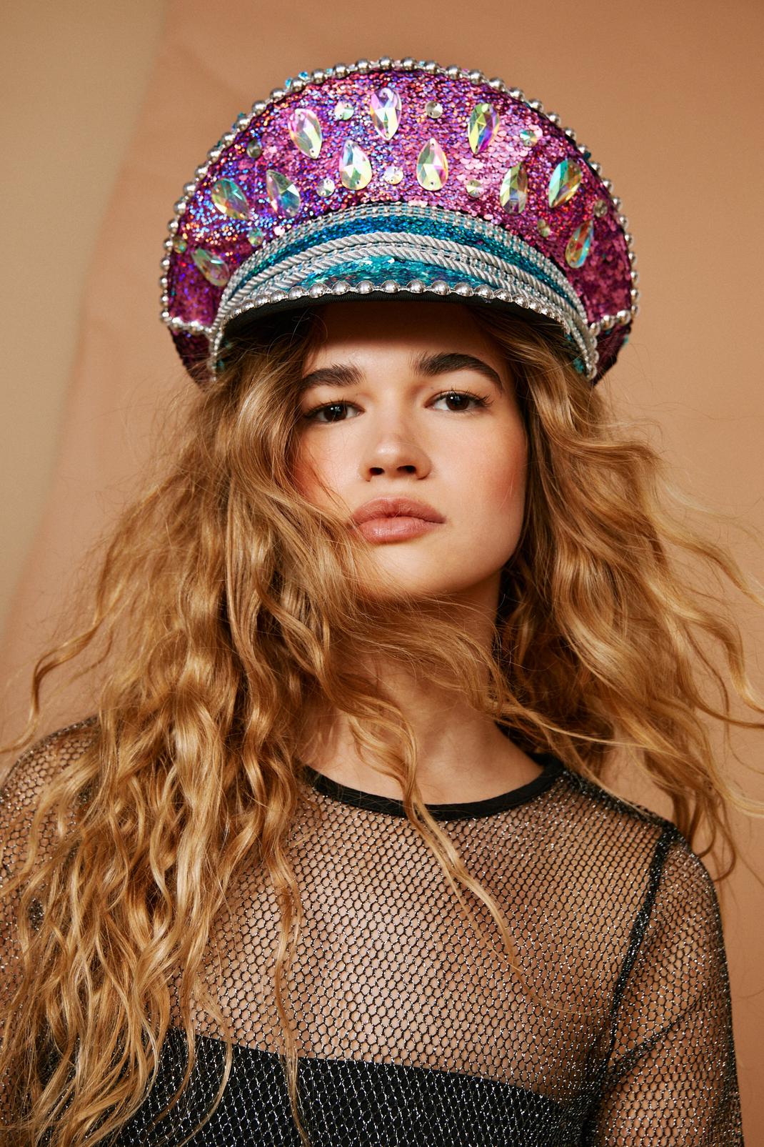 Multi Embellished Diamante Sequin & Studded Party Hat image number 1