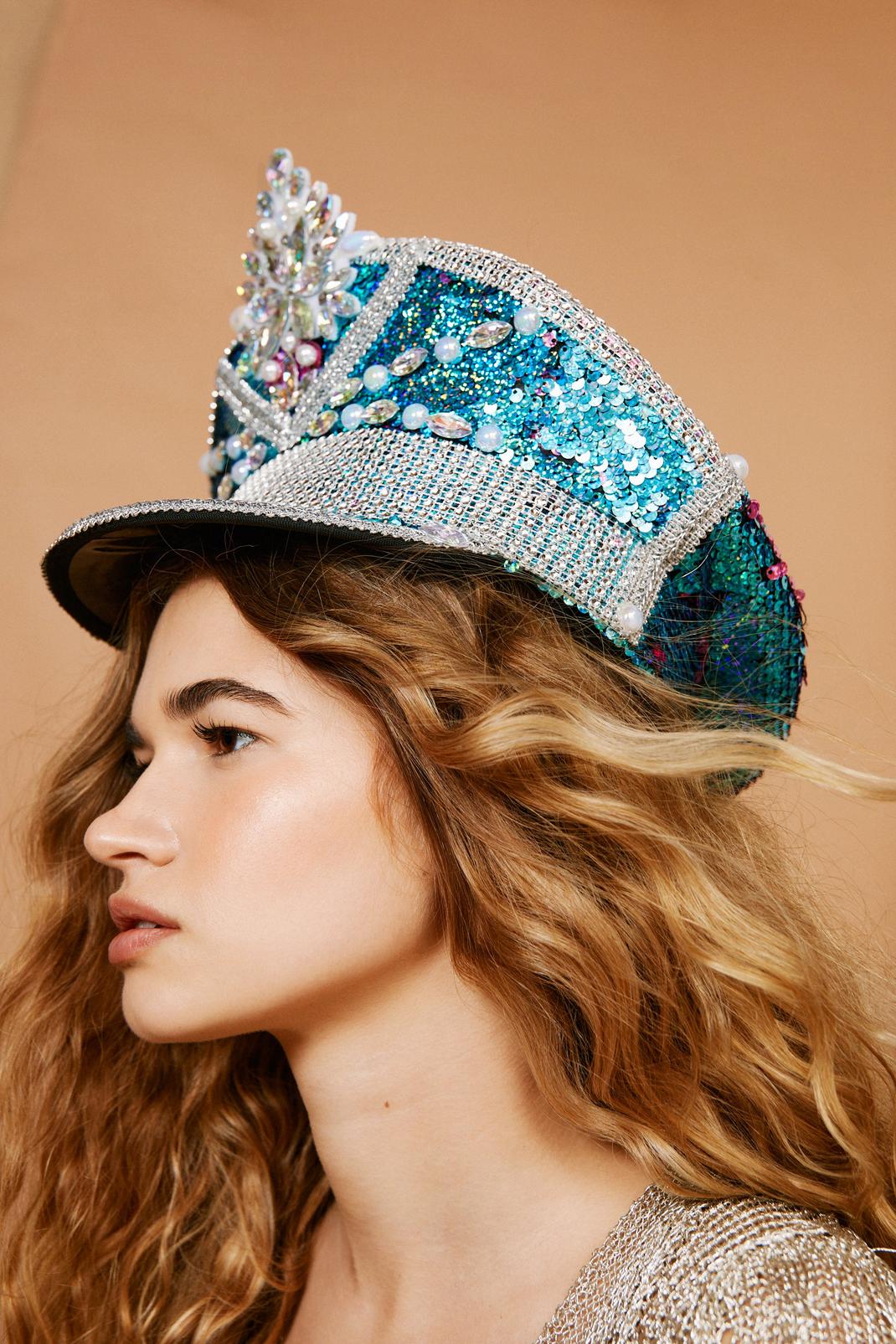 Blue Embellished Diamante Sequin Party Hat image number 1