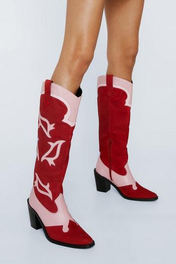 Leather Colorblock Cowboy Boots red