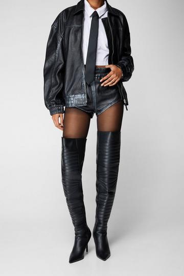 Faux Leather Padded Motocross Thigh High Boot black