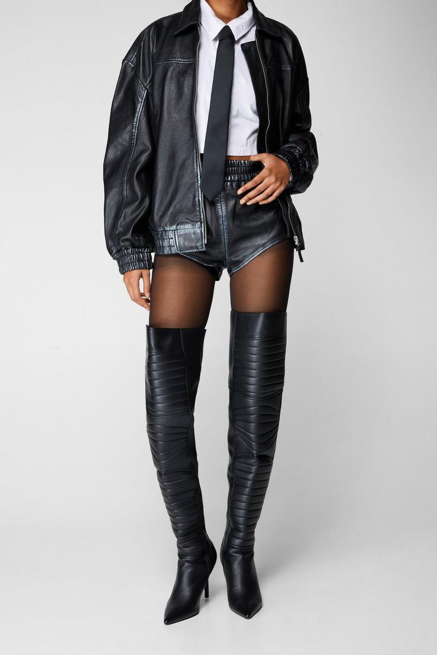Faux Leather Padded Motocross Thigh High Boot