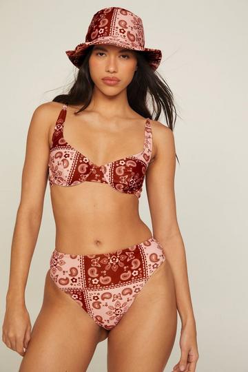 Brown Recycled Tile Print Underwire Bikini And Bucket Hat 3pc Set