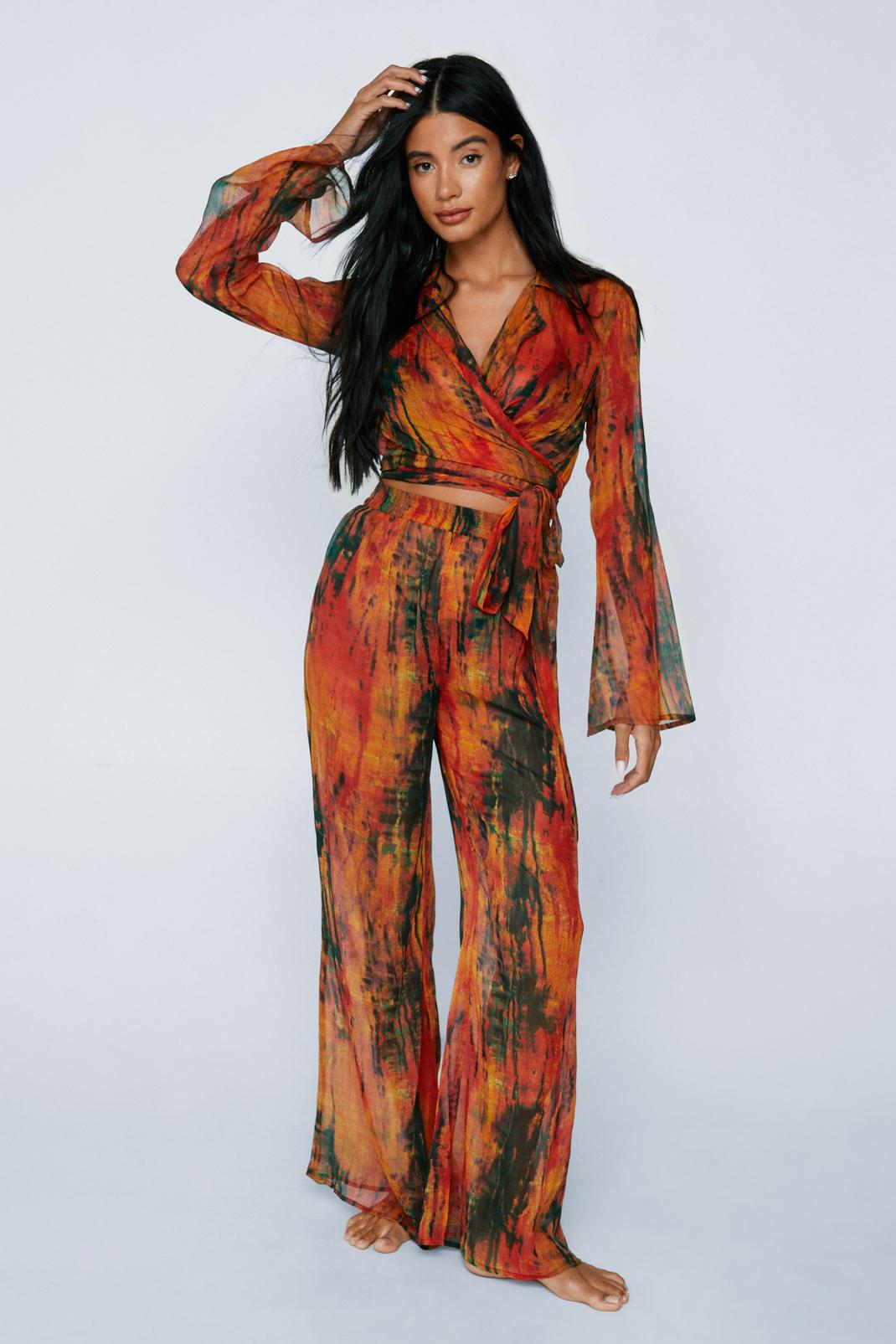 Multi Blurred Tie Dye Chiffon Wide Leg Cover Up Trousers image number 1