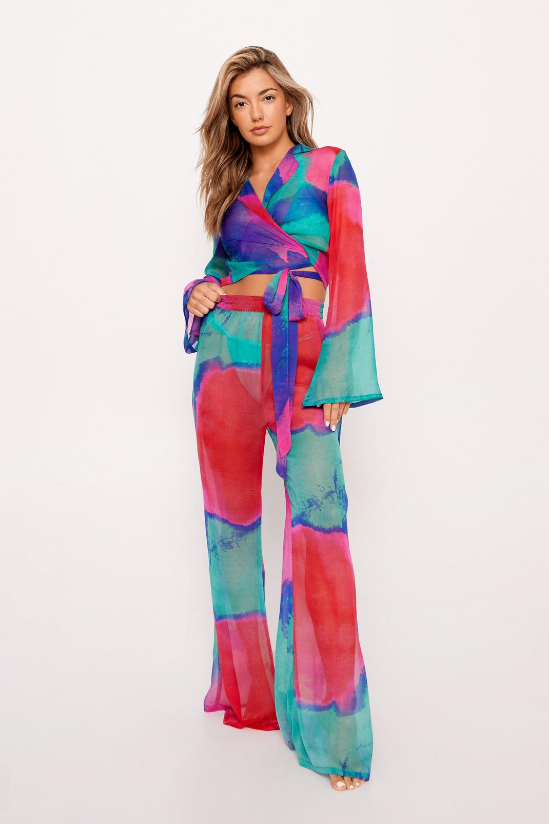 Purple Blurred Tie Dye Chiffon Wide Leg Cover Up Trousers image number 1