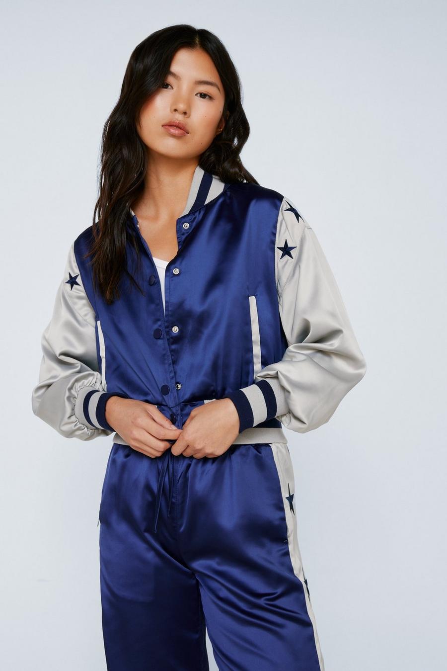Star Embroidered Popper Button Bomber Jacket