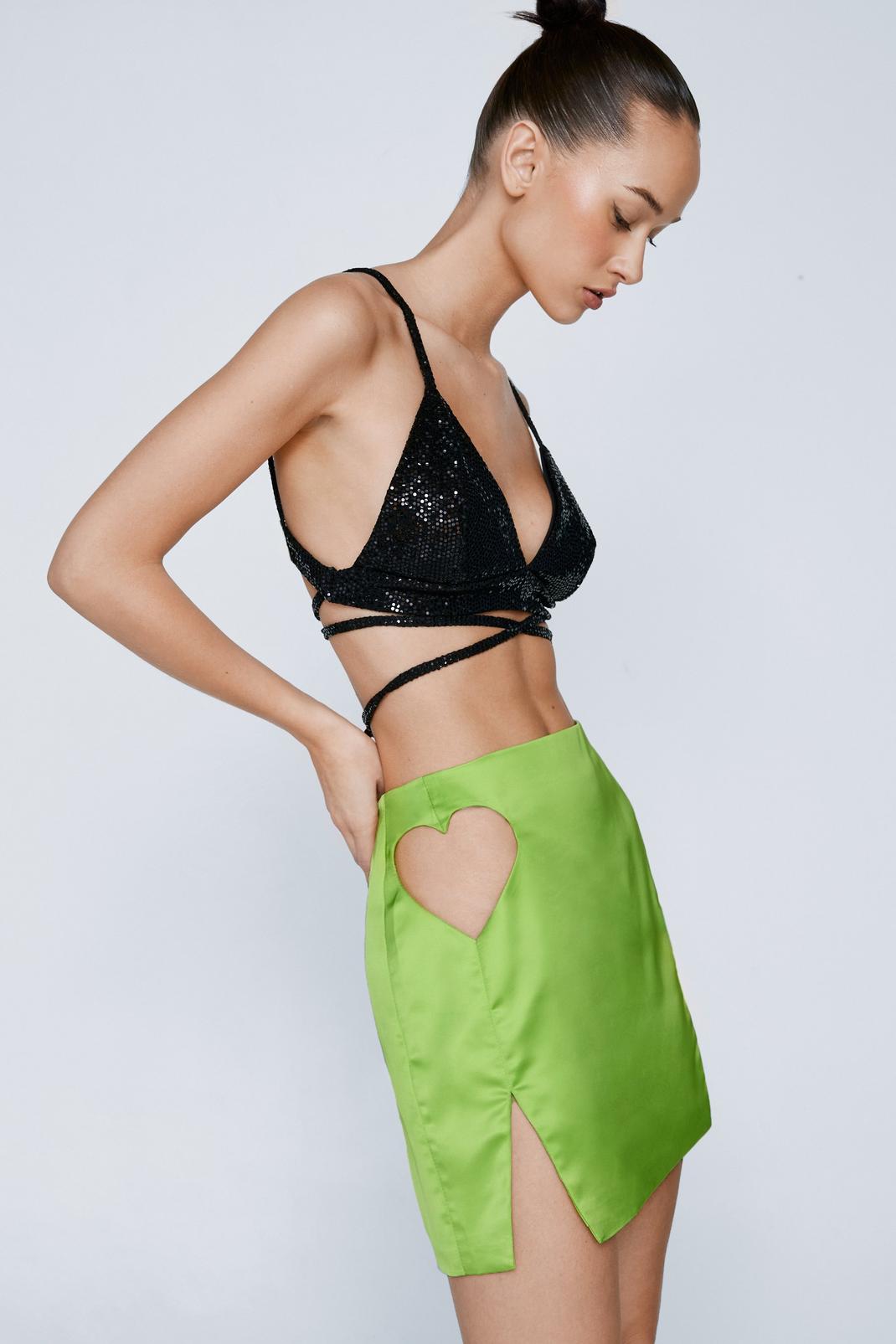 Lime Heart Cut Out Detail Satin Mini Skirt image number 1
