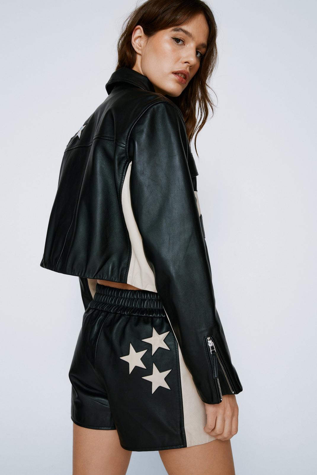 Black Real Leather Star Detail Shorts image number 1