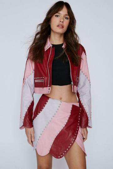 Pink Real Leather Studded Scallop Hem Mini Skirt