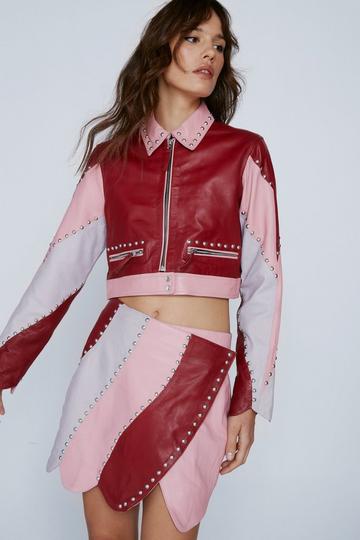 Pink Real Leather Studded Cropped Jacket