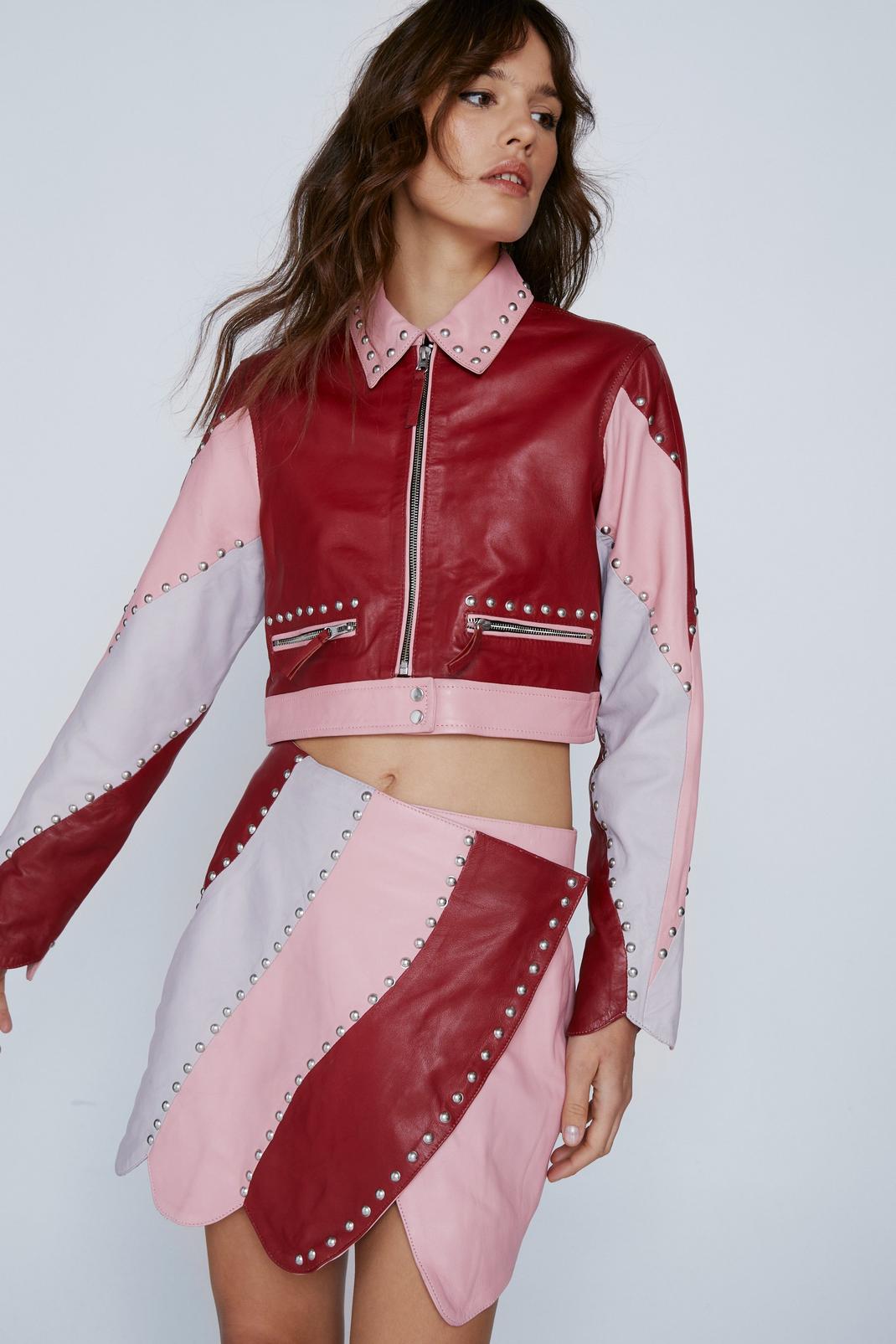 Pink Real Leather Studded Cropped Jacket image number 1