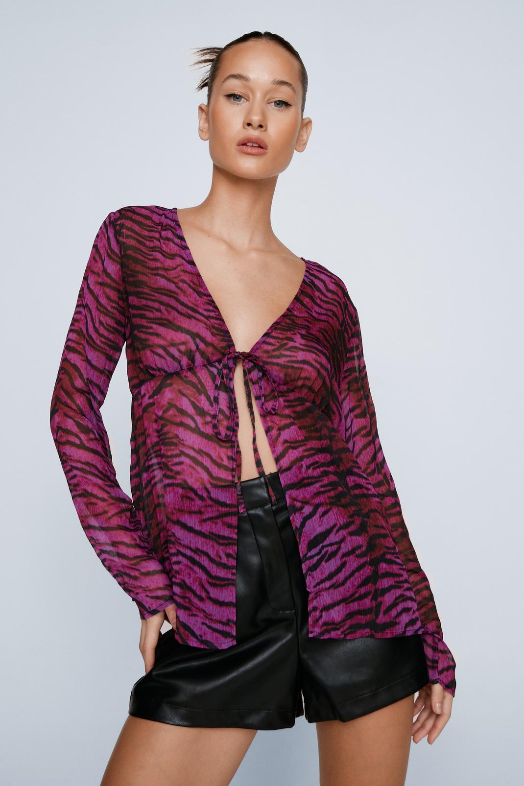 Purple Animal Print Tie Front Blouse image number 1