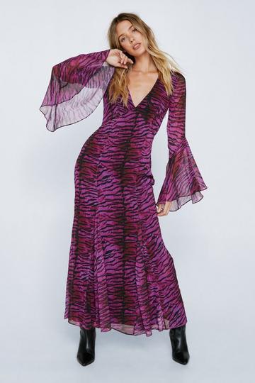 Purple Animal Print Chiffon Long Sleeve Maxi Dress