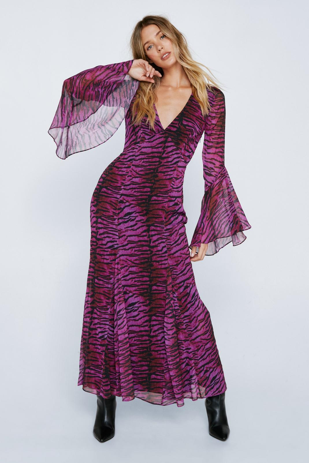 Purple Animal Print Chiffon Long Sleeve Maxi Dress image number 1