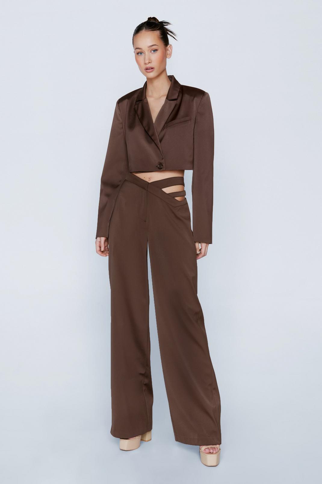 Chocolate Premium Satin Cut Out Detail Trousers image number 1
