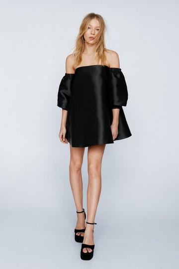 Black Structured Bardot Puff Sleeve Mini Prom Dress