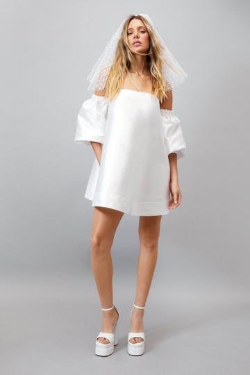 Structured Bardot Puff Sleeve Mini Prom Dress ivory