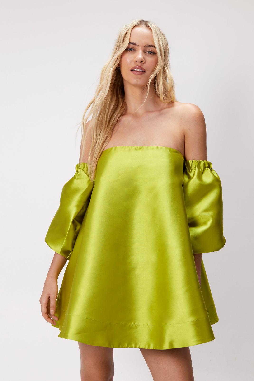 Lime Structured Bardot Puff Sleeve Mini Prom Dress image number 1