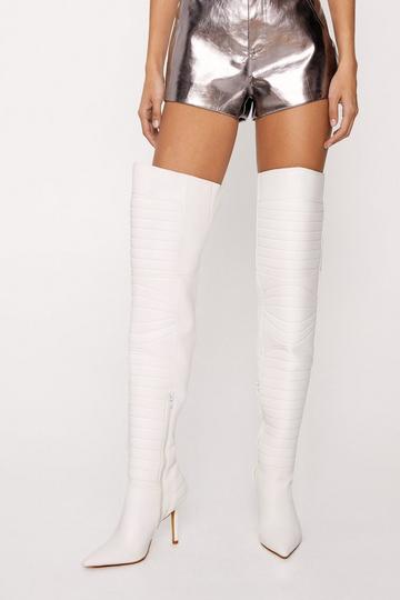 White Faux Leather Padded Motocross Thigh High Boots