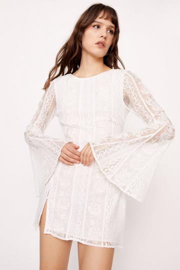 Embroidered Lace Flared Sleeve Mini Dress white