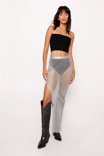 Silver Diamante Mesh Maxi Split Skirt