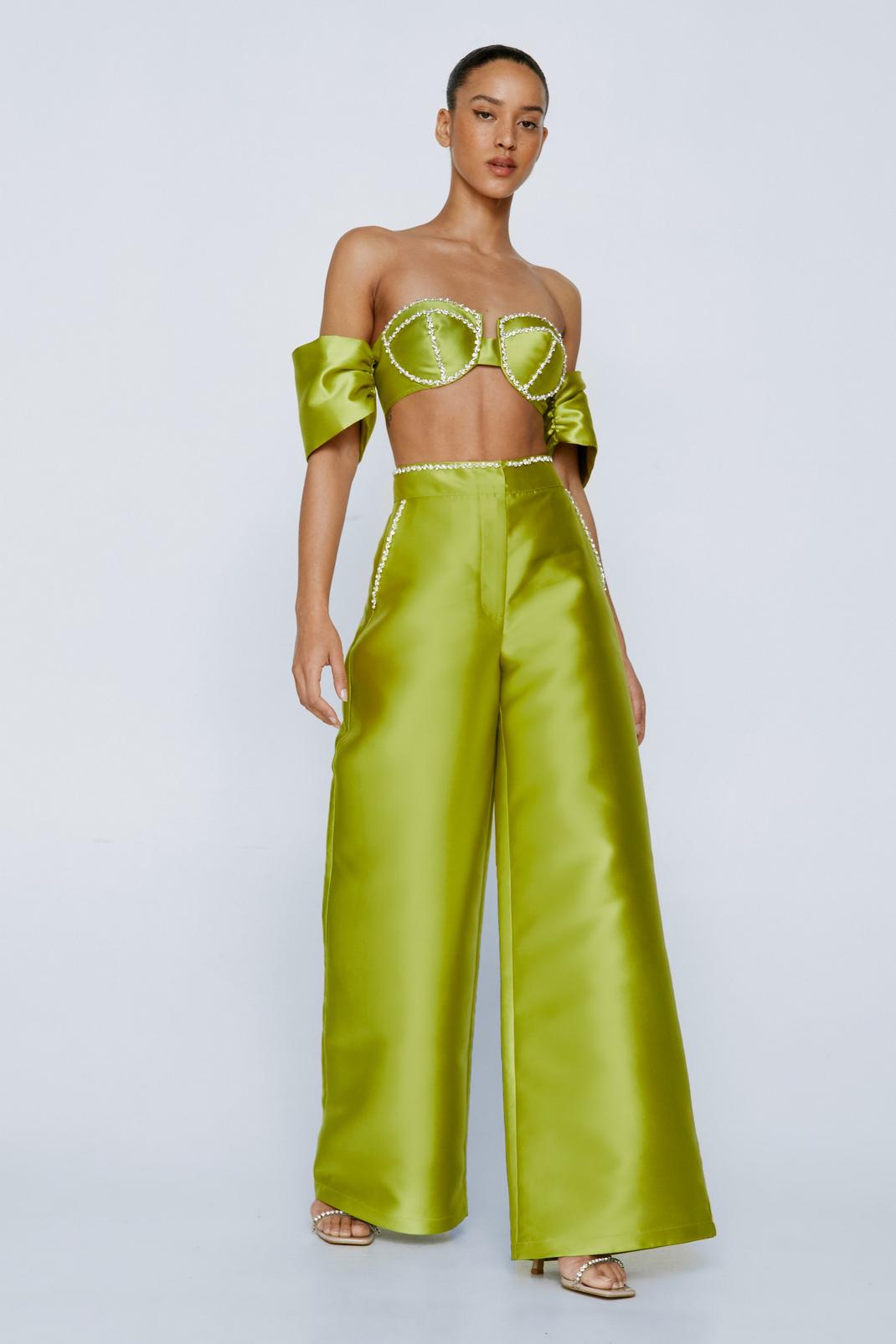 Chartreuse Diamante Embellished Wide Leg Trousers image number 1