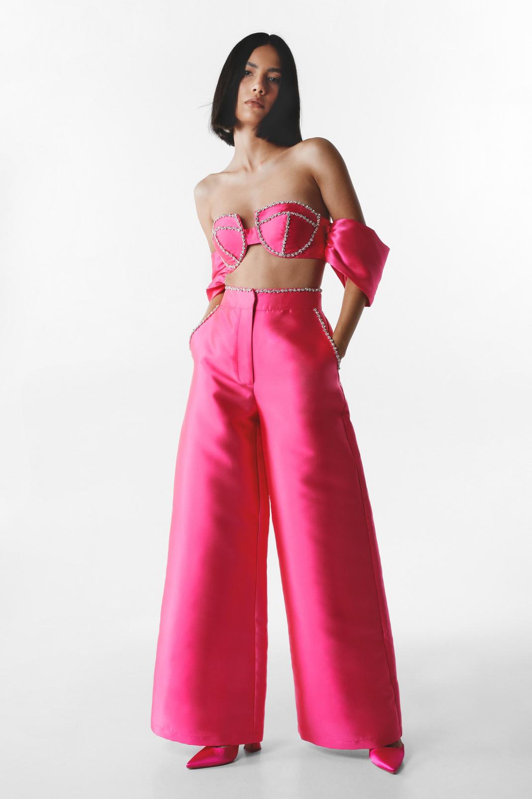 Pink Diamante Embellished Wide Leg Trousers image number 1