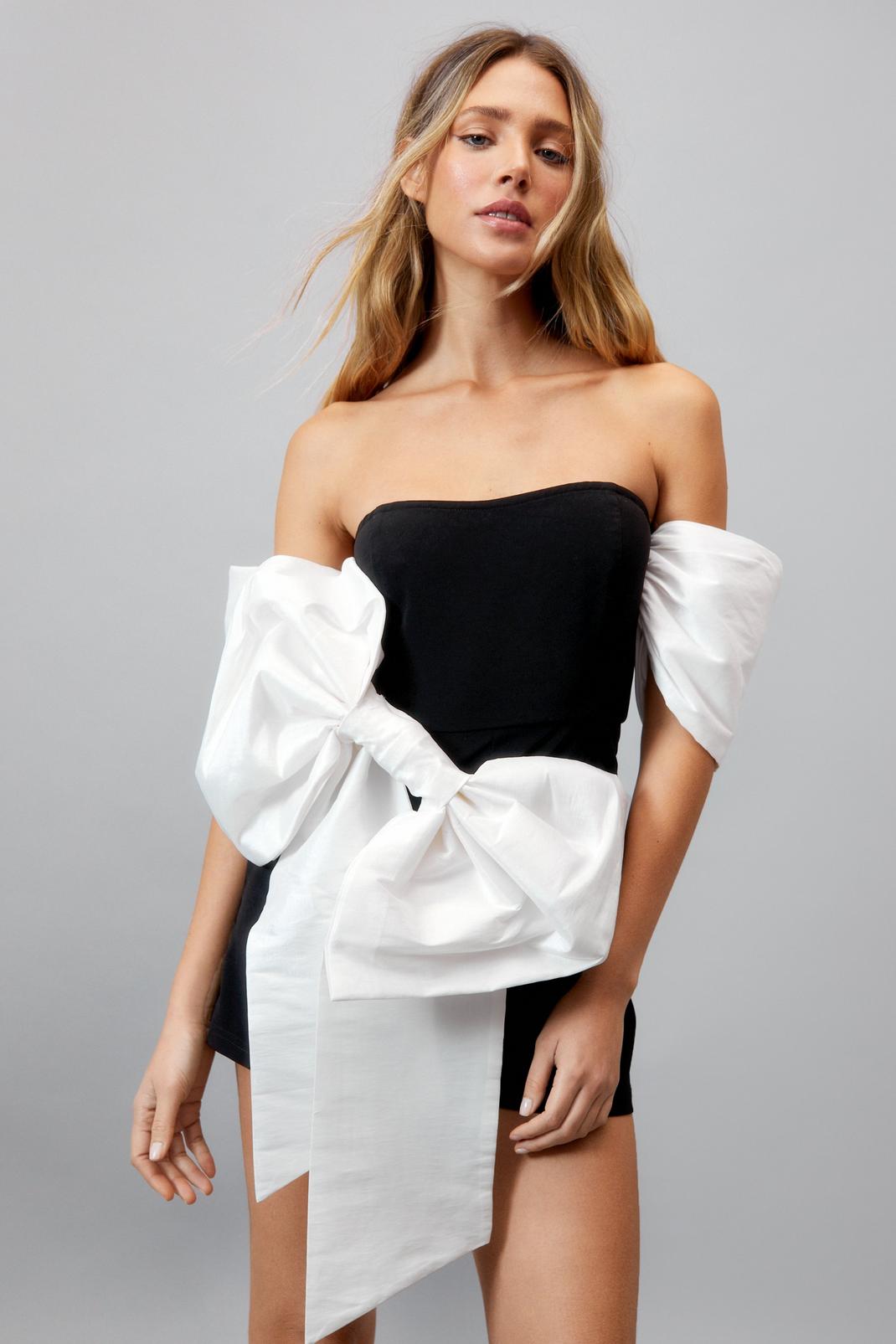 Mono Bow Detail Puff Sleeve Bardot Romper image number 1