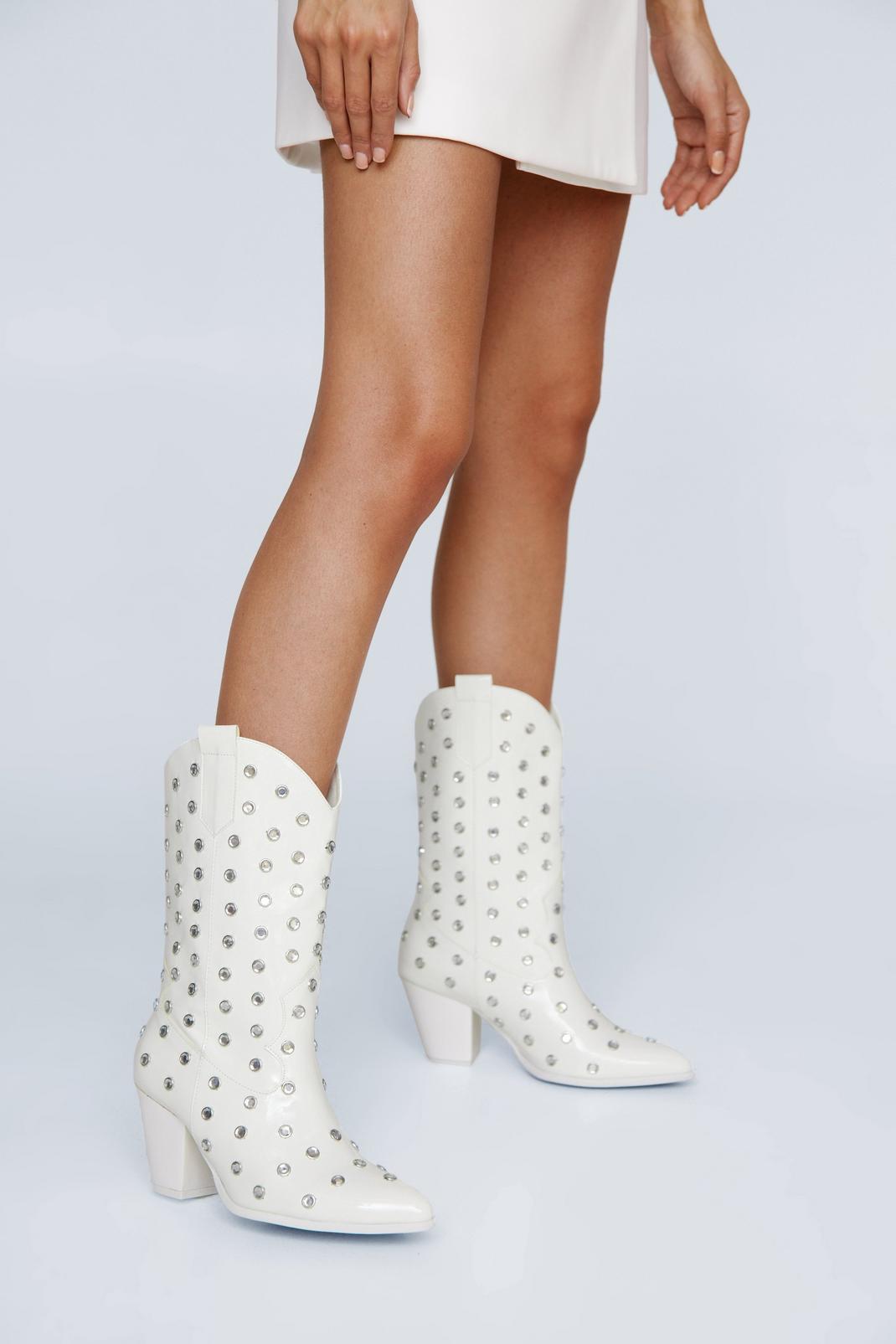 White Gem Encrusted Patent Cowboy Boots image number 1