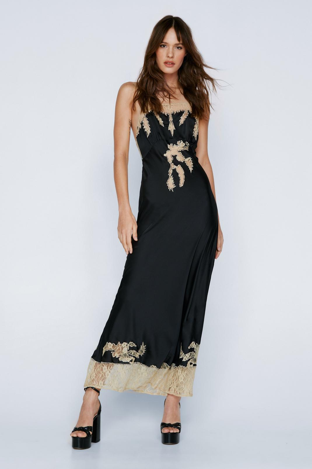 Black Contrast Lace Applique Maxi Dress image number 1