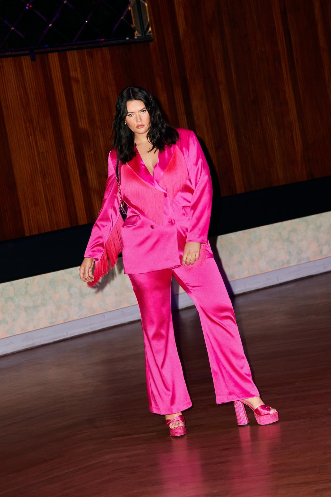Hot pink Plus Bonded Satin Flare Trousers image number 1