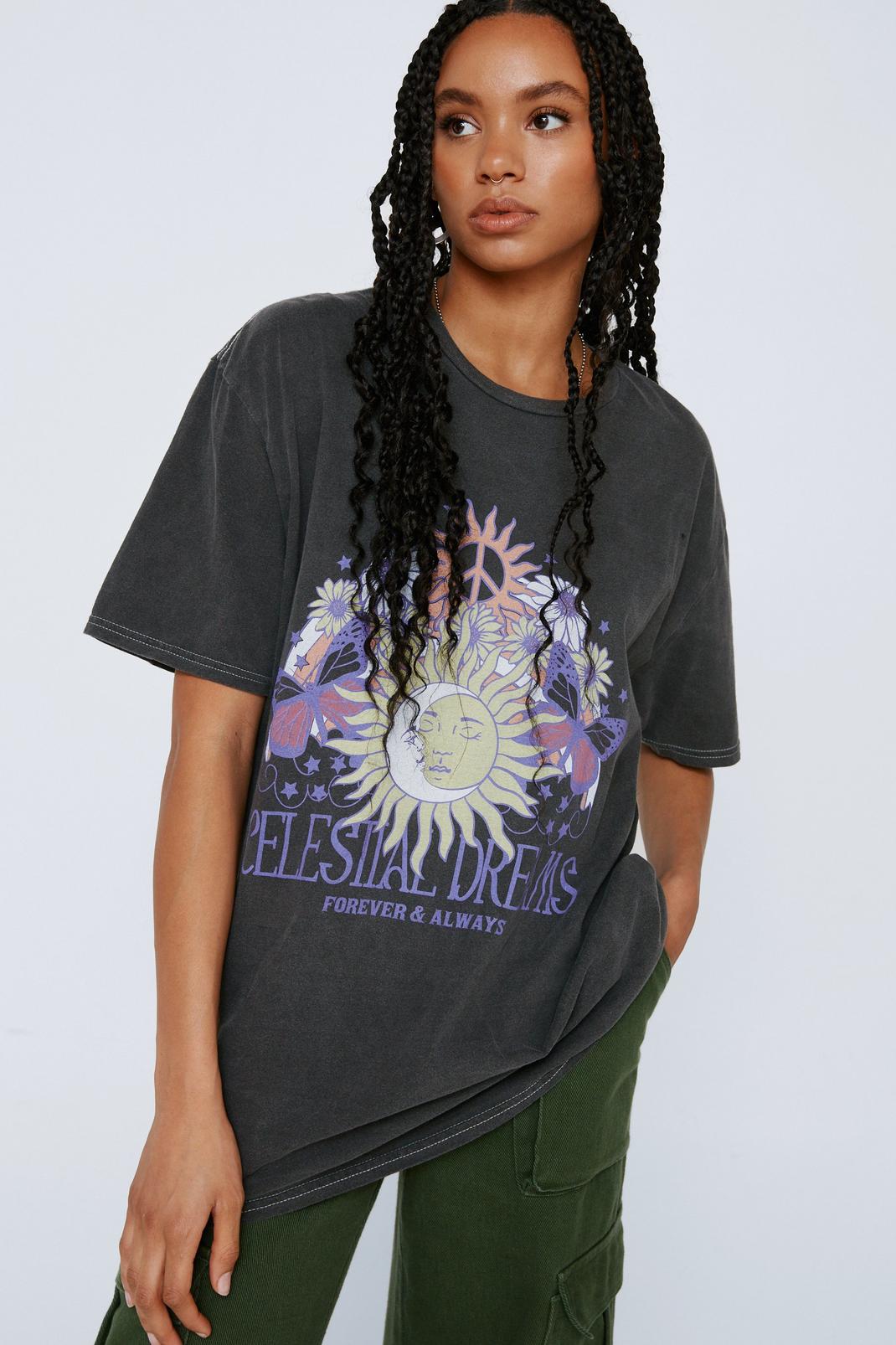 Charcoal Celestial Dreams Graphic Oversized T-shirt image number 1