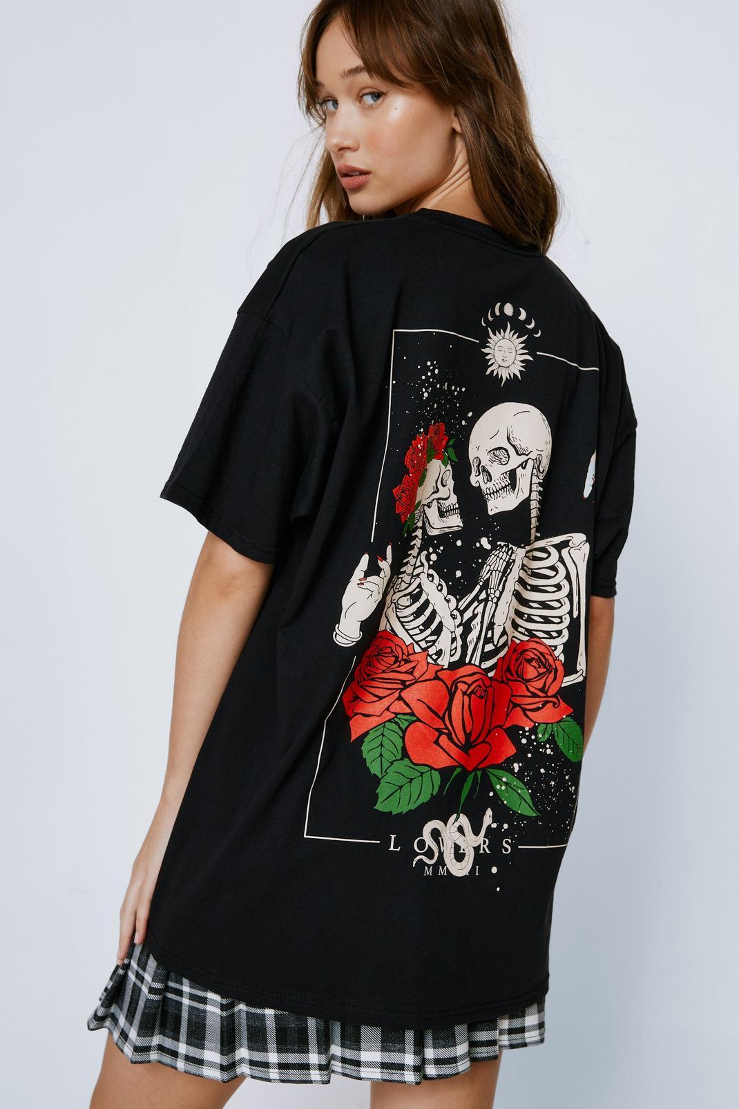 Black Skeleton Lovers Graphic Oversized T-Shirt image number 1