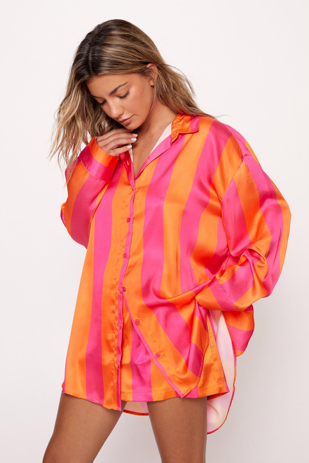 Orange Satin Stripe Oversized Pajama Short Set image number 1