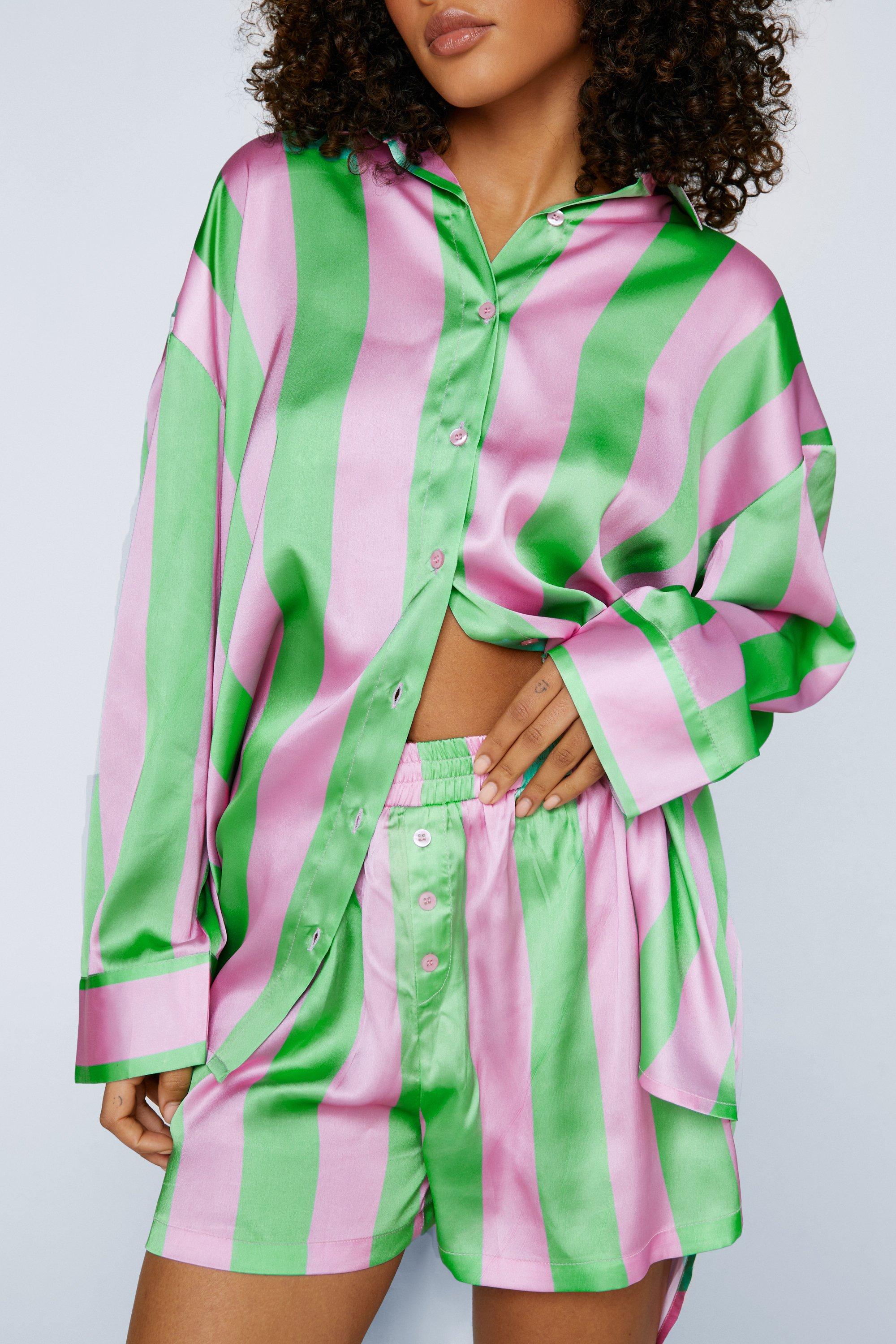 Satin Stripe Oversized Pajama Short Set