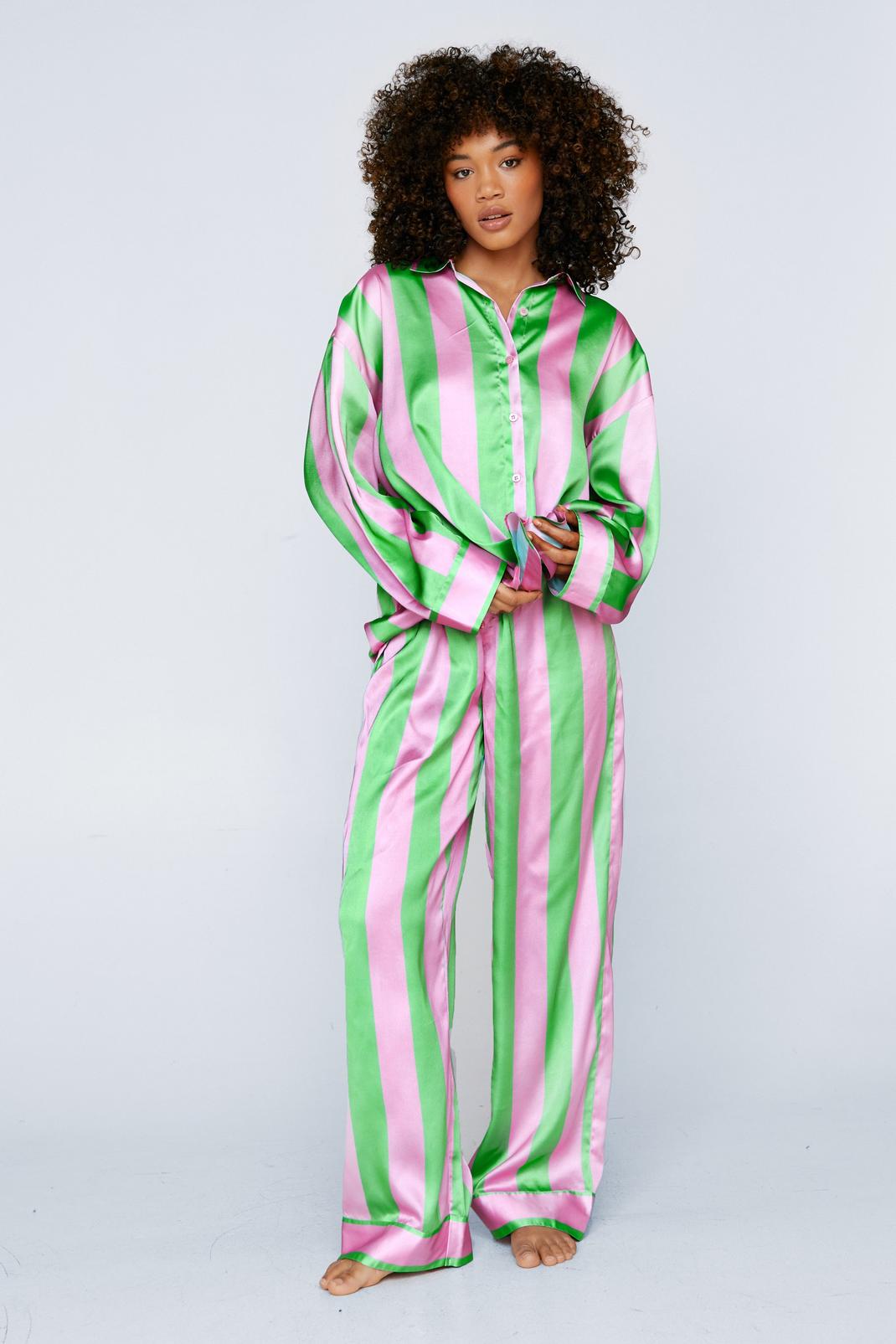 Pink Satin Stripe Oversized Pyjama Trouser Set image number 1