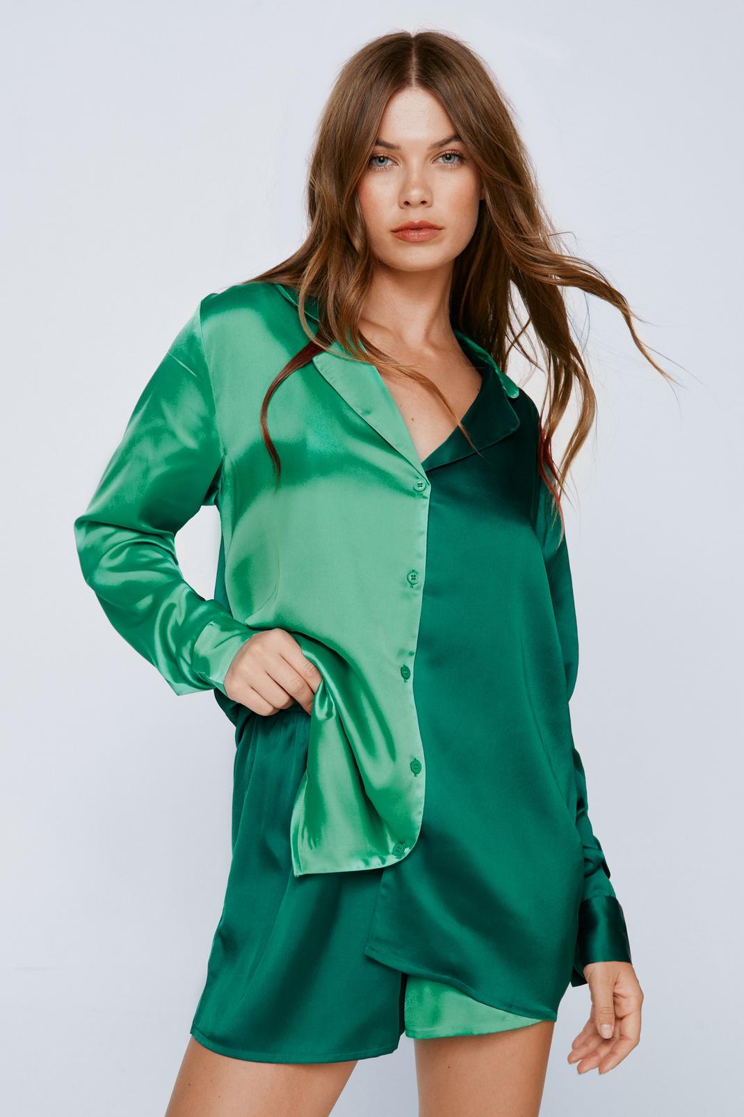 Green Satin Colorblock Pajama Shirt And Short Set image number 1