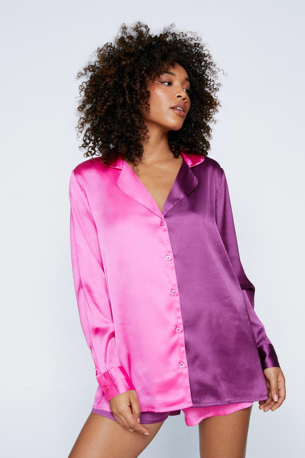 Hot pink Satin Colorblock Pajama Shirt And Short Set image number 1