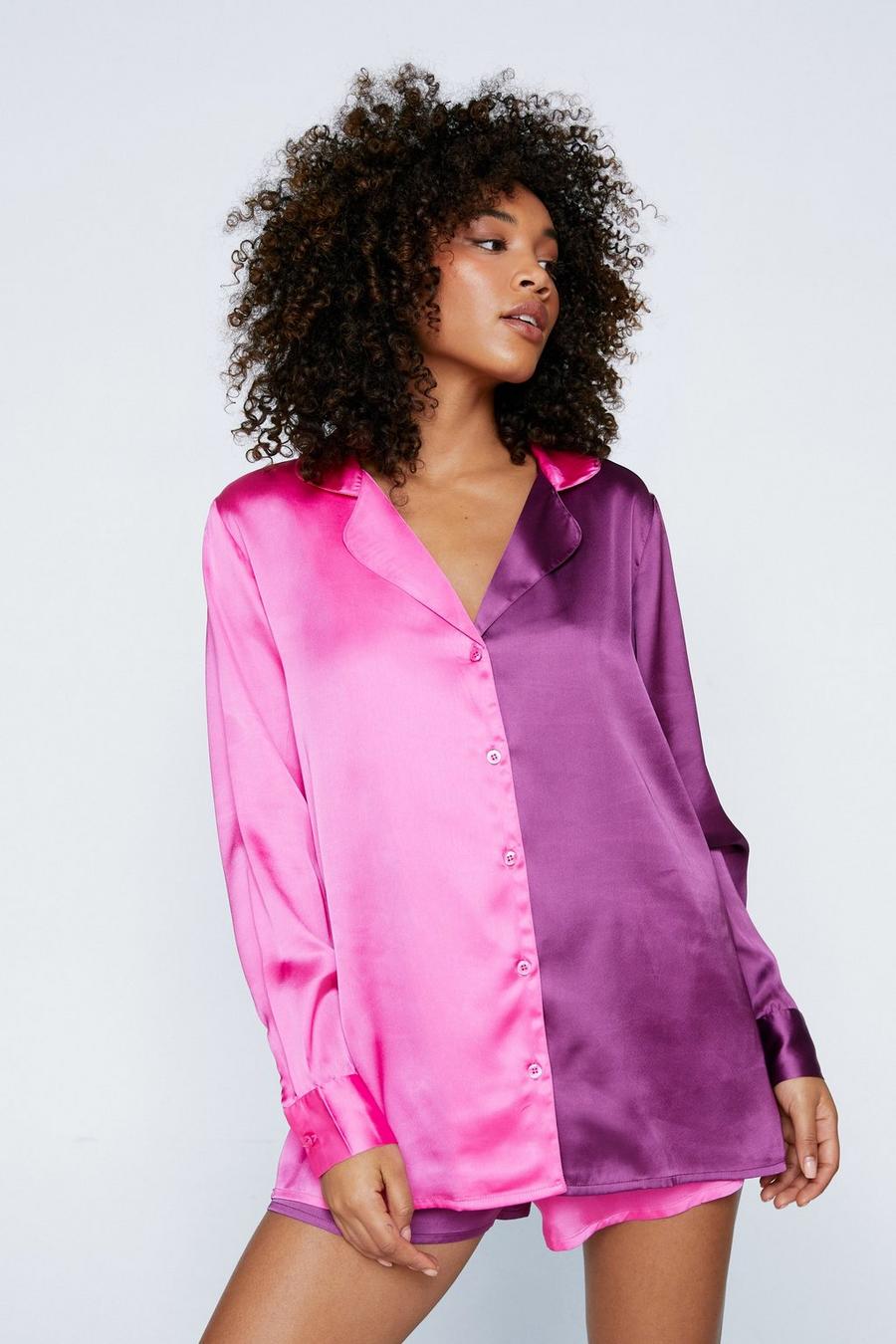 Satin Colourblock Pyjama Shirt And Short Set