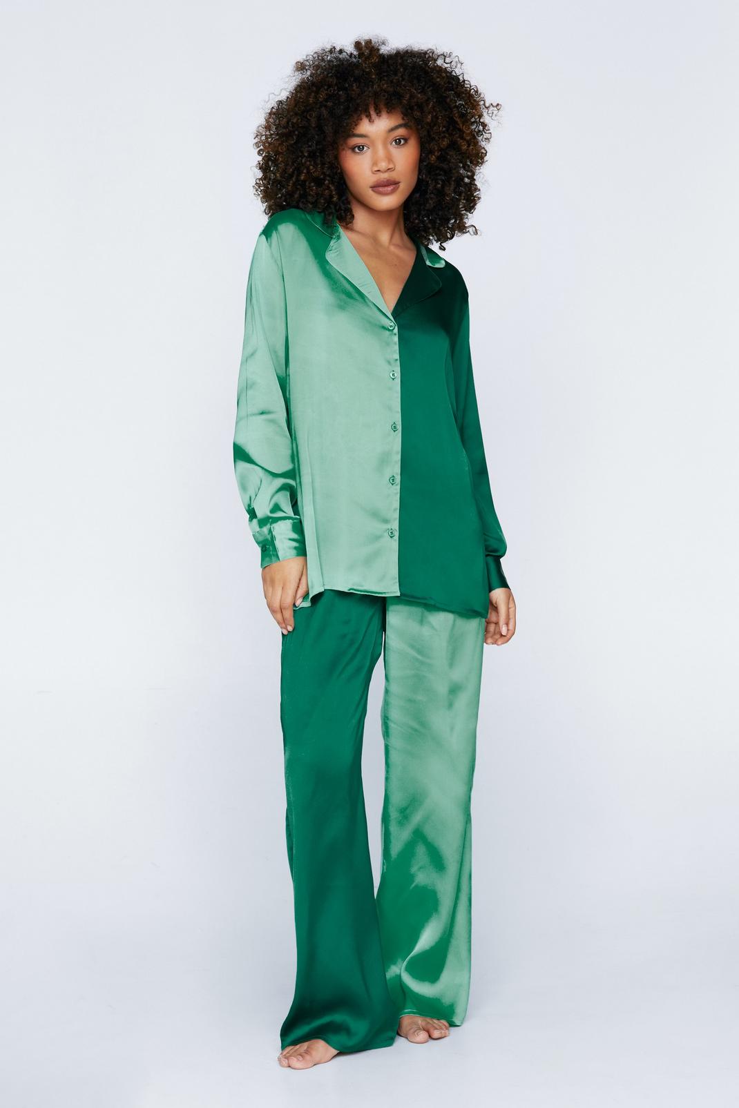 Green Satin Colourblock Pyjama Shirt and Trouser Set image number 1